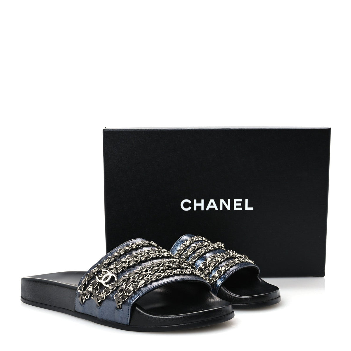 Chanel Lambskin Women's Fantasy Chain Flat Sandals 40 Dark Blue