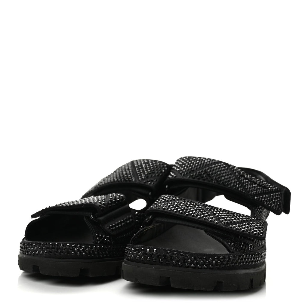 Prada Satin Crystal Women's Logo Velcro Sandals 37.5 Black