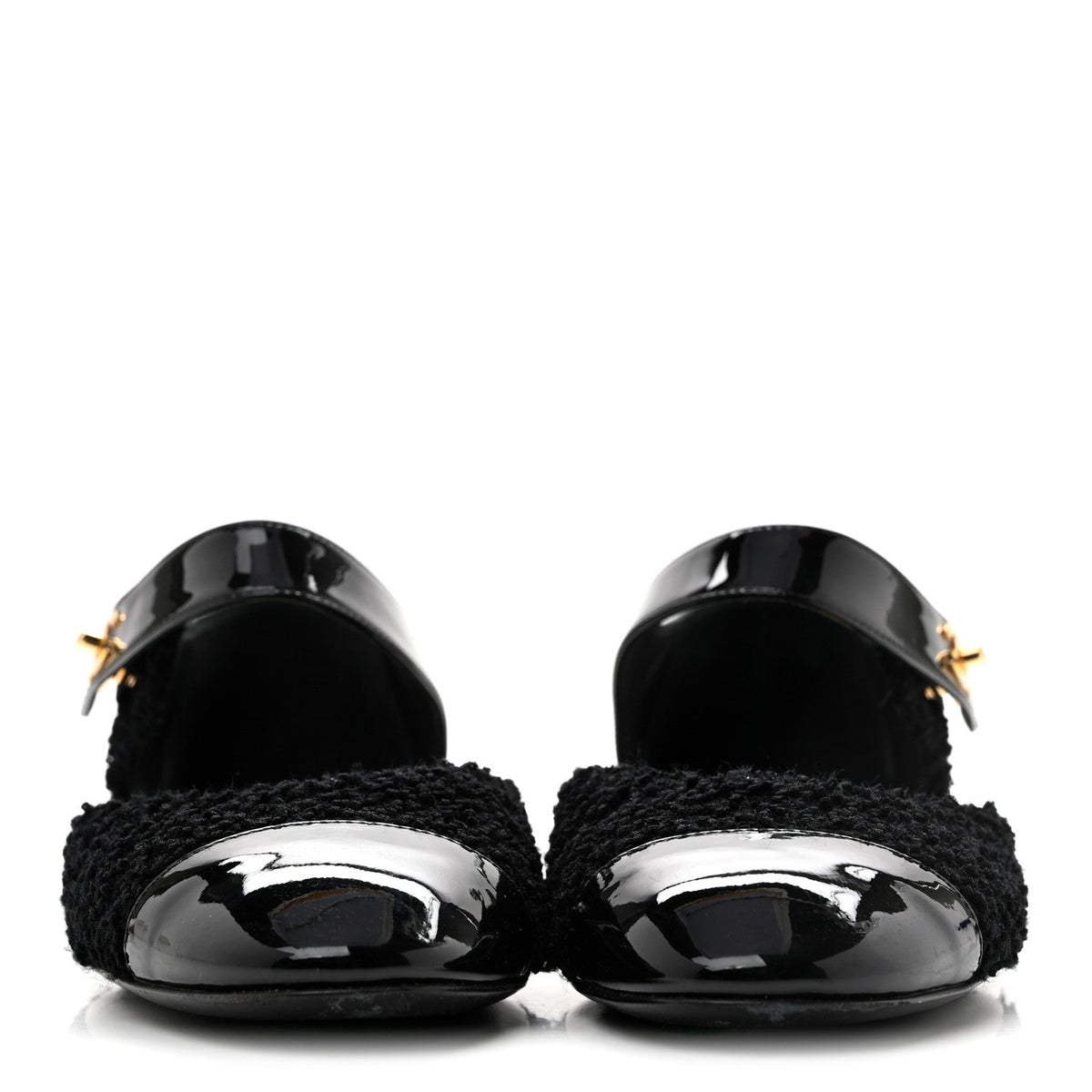 Chanel Tweed Patent Cap Toe CC Women's Ballerina Flats Black