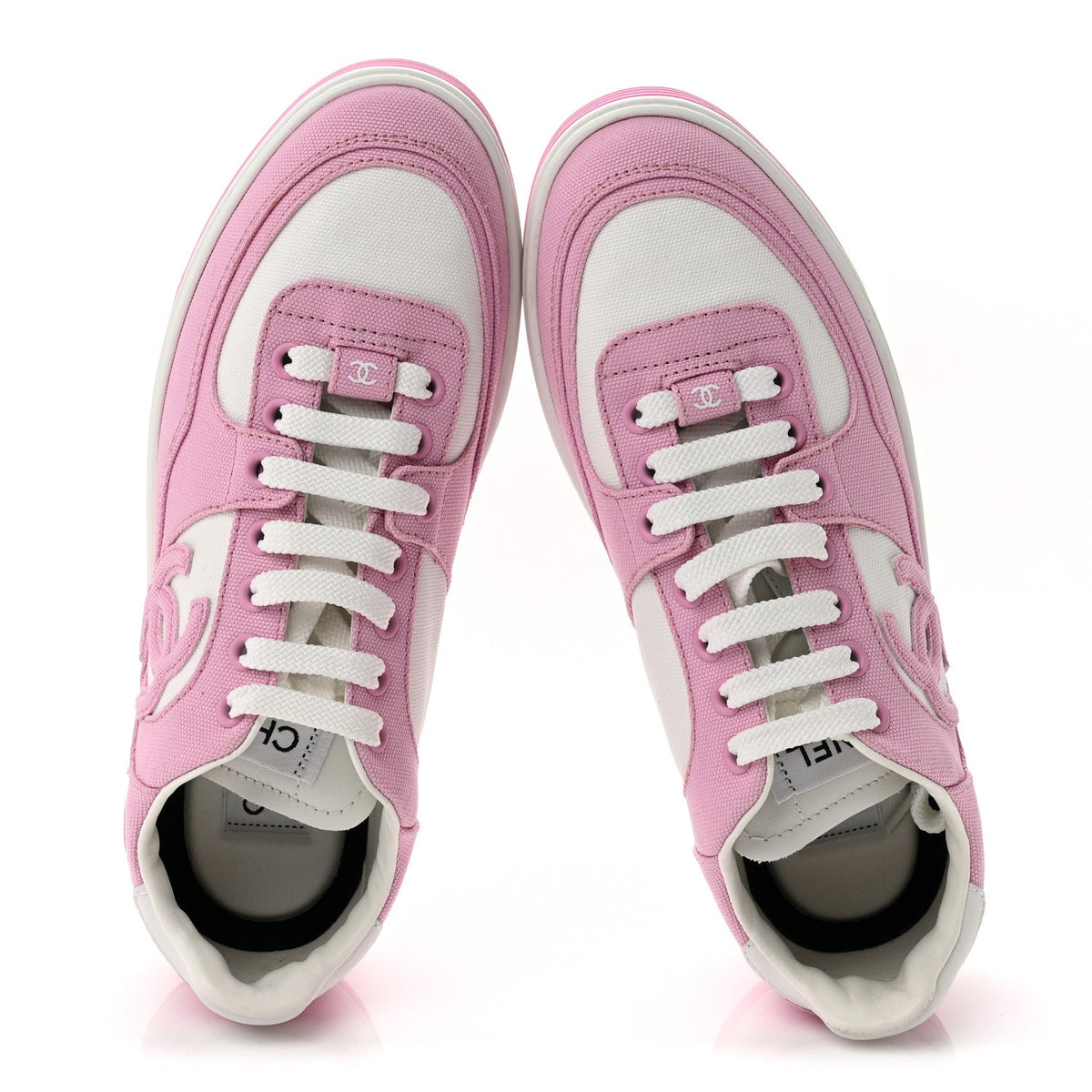 Chanel Cotton Calfskin Women's CC Sneakers 37.5 Pink White