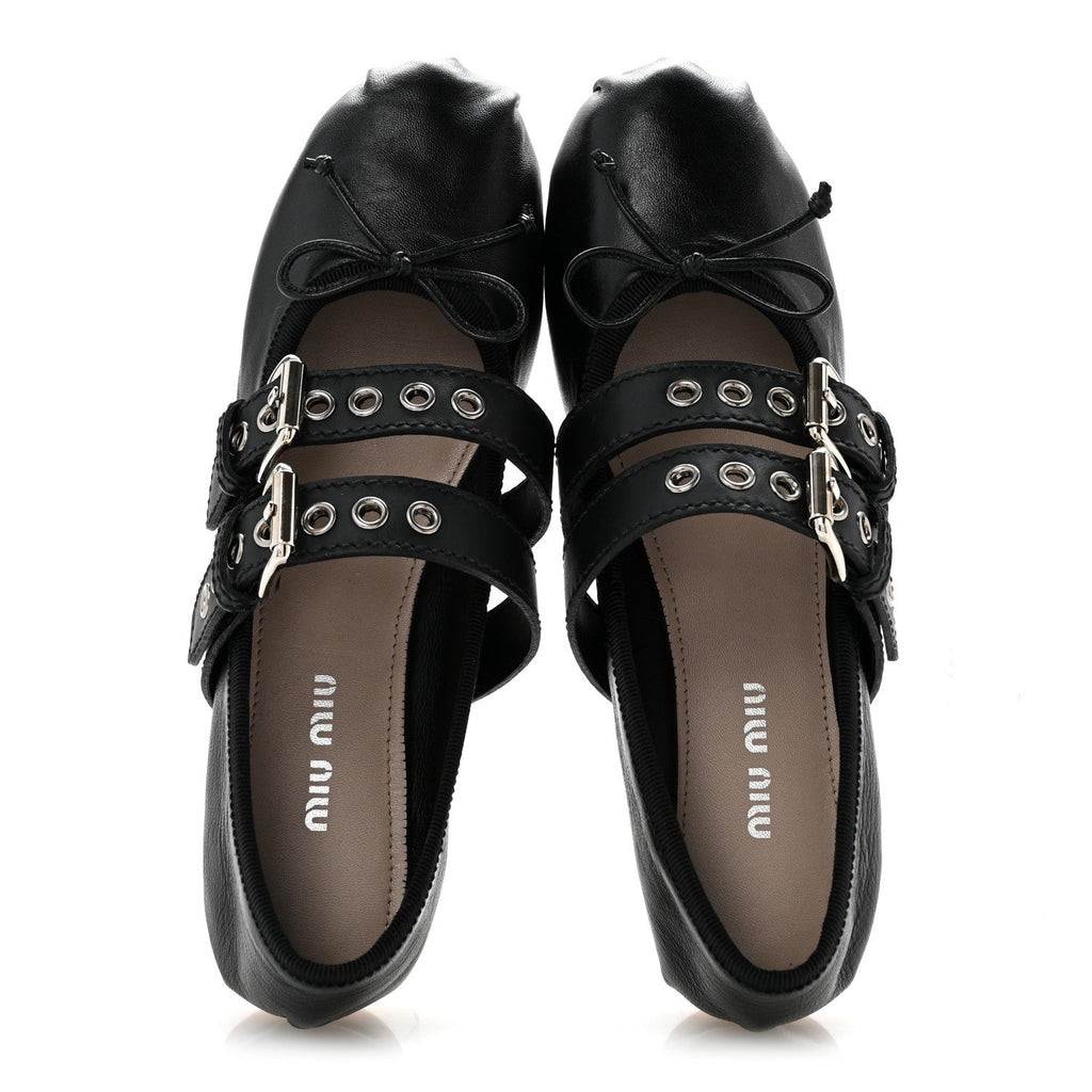Miu Miu Nappa Vitello Nevada Women's Double Buckle Ballerina Flats 36 Black