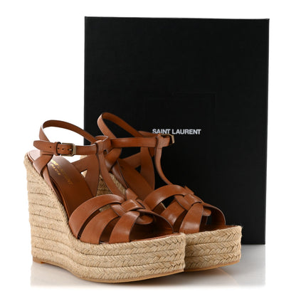 Saint Laurent Calfskin Women's 85 Platform Espadrille Wedge Sandals 39.5 Brown