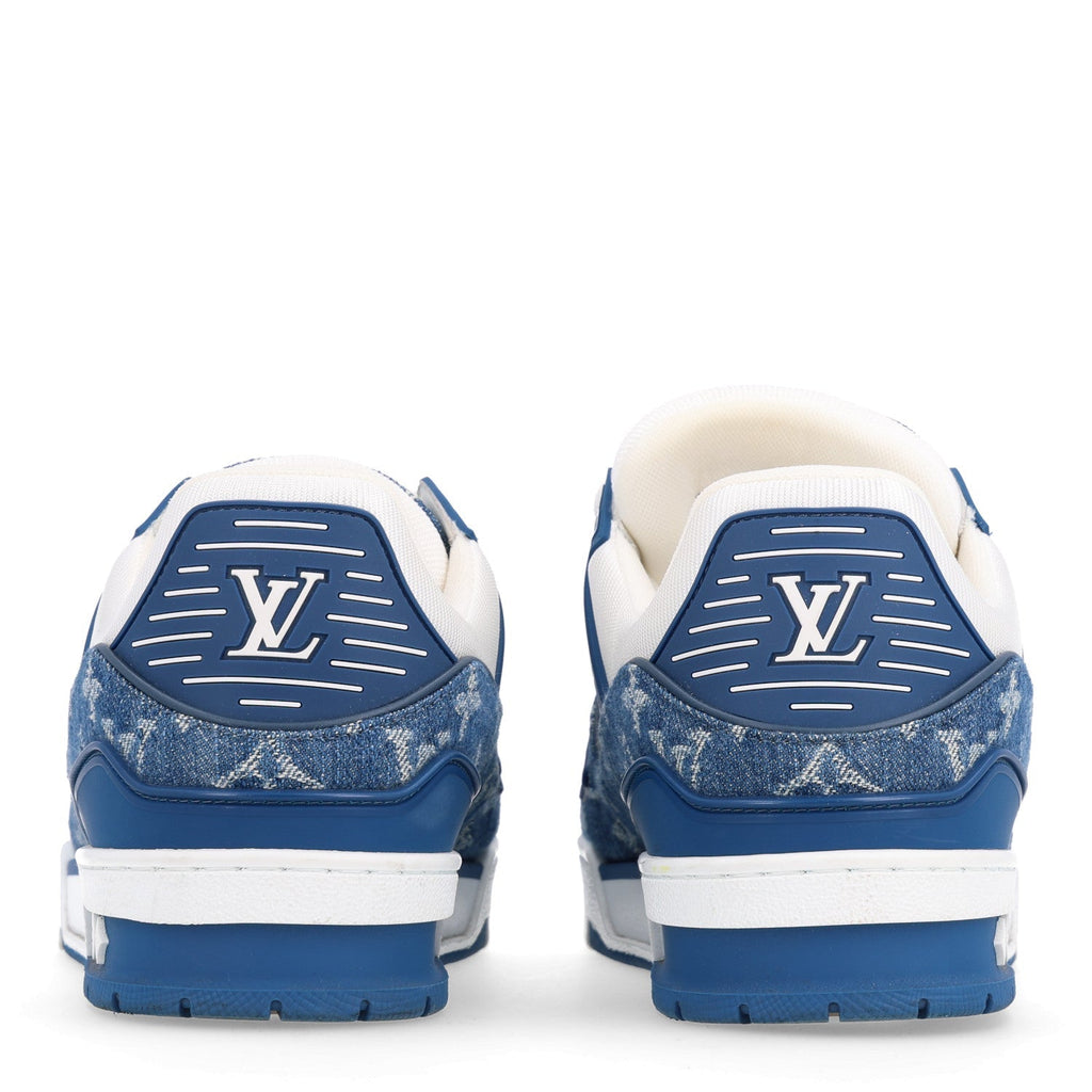 Louis Vuitton Calfskin Embossed Monogram Denim Women's LV Trainer Sneakers 40 Blue
