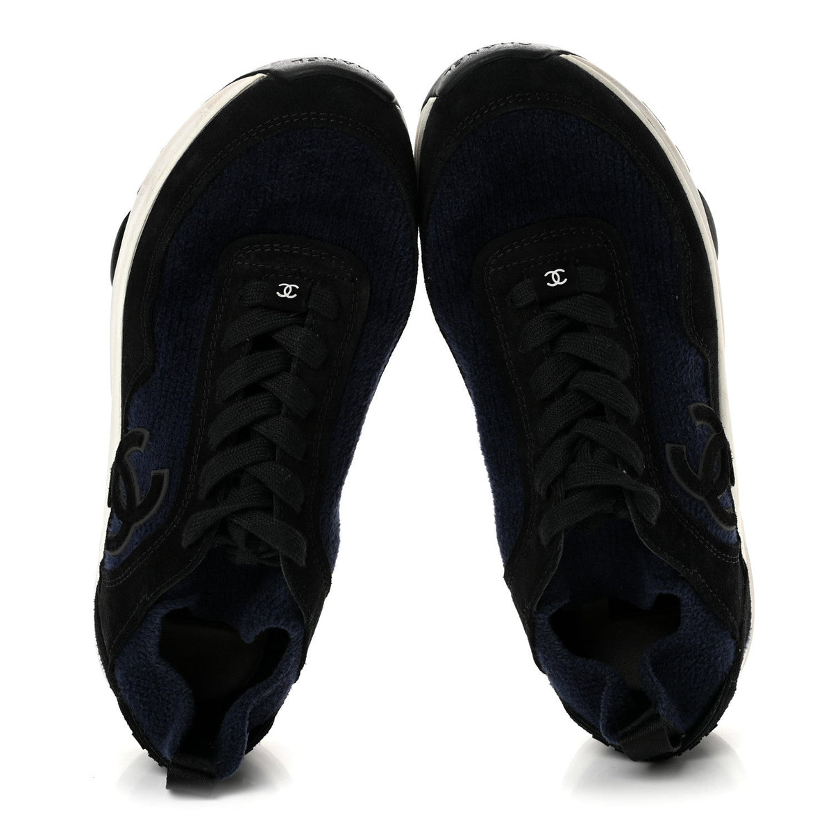 Chanel Knit Fabric Suede Calfskin CC Women's Sneakers Navy Black