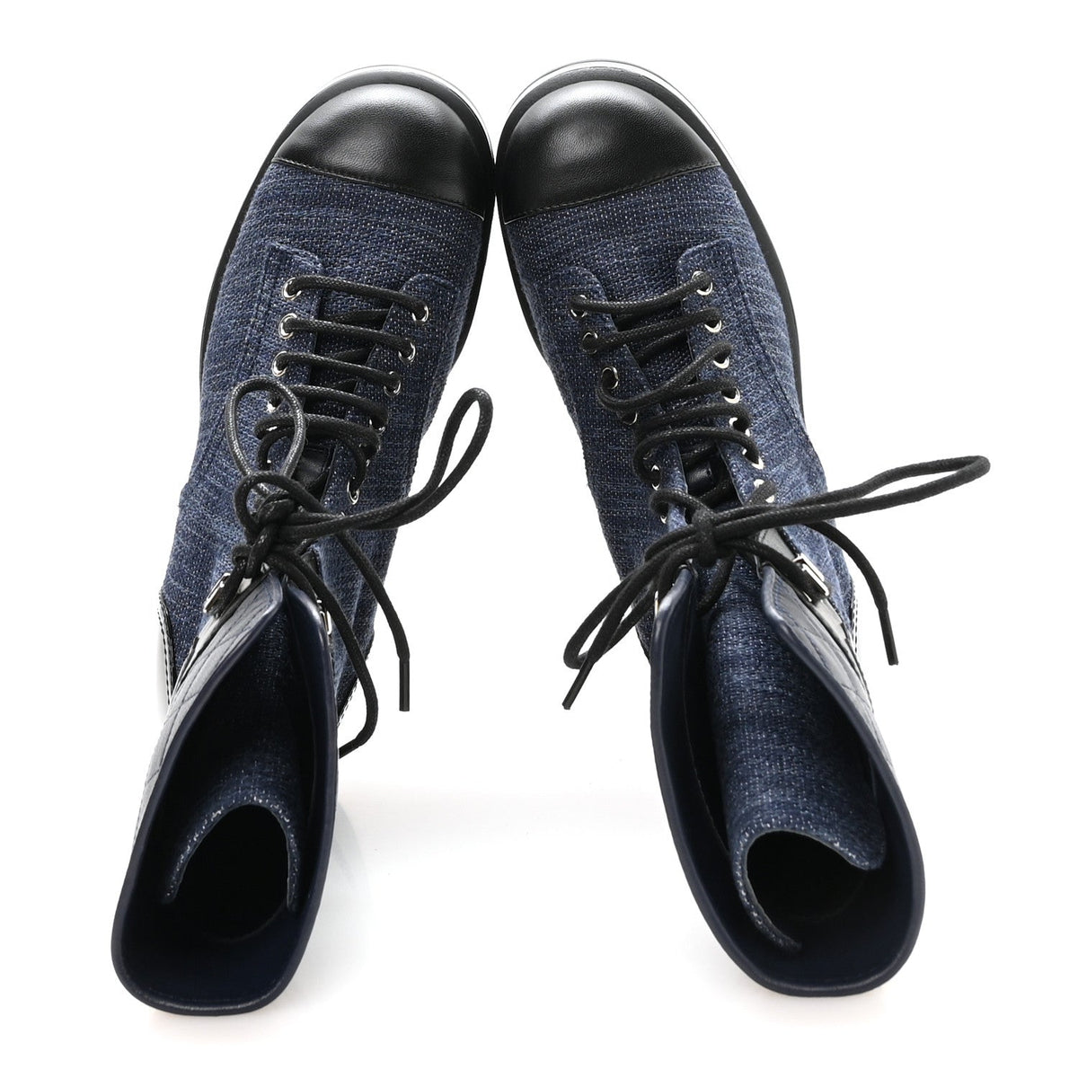 Chanel Fabric Patent Lambskin Women's Quilted CC Lace Up Combat Boots 36.5 Navy Blue Black