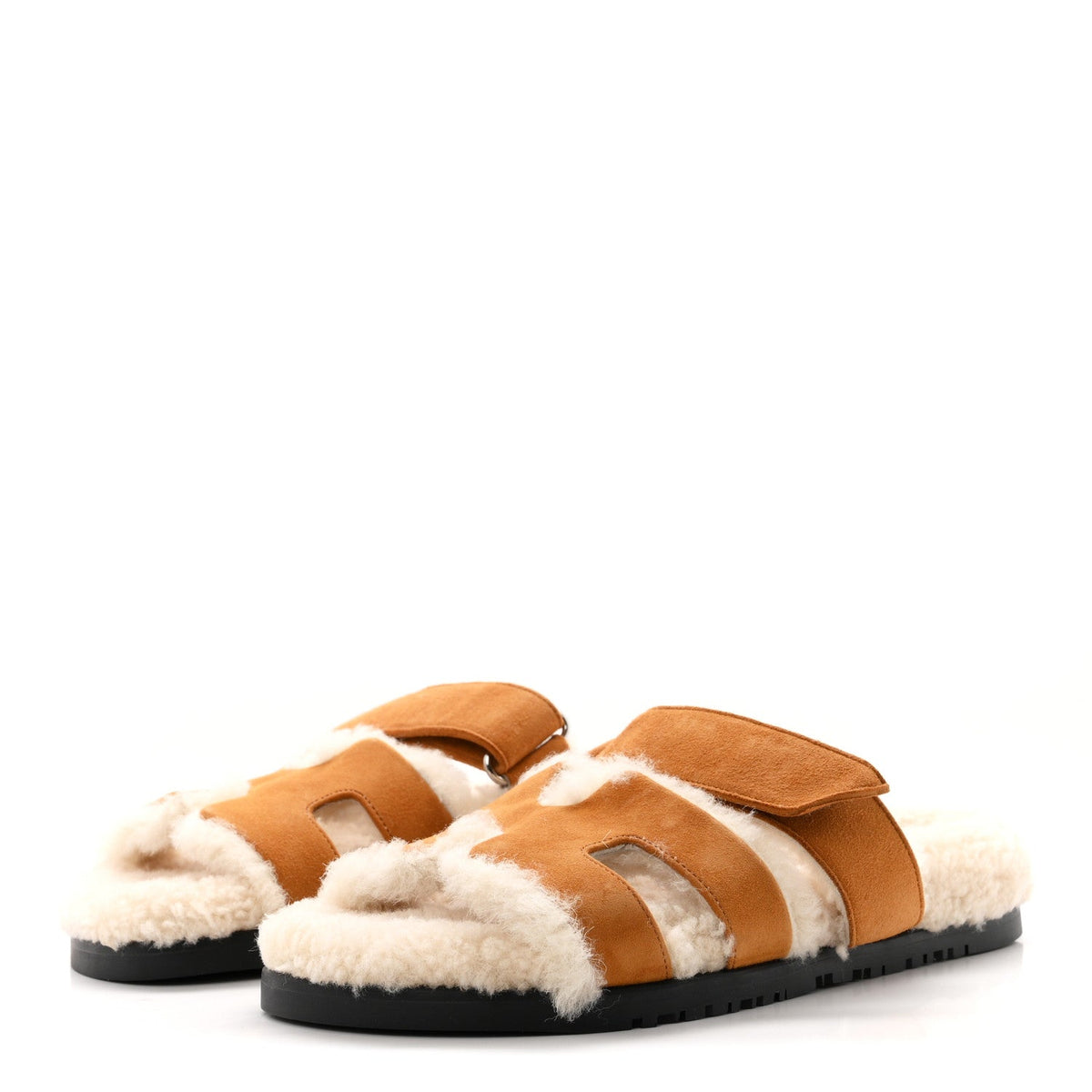 Hermes Suede Goatskin Woolskin Women's Chypre Sandals Naturel Ecru