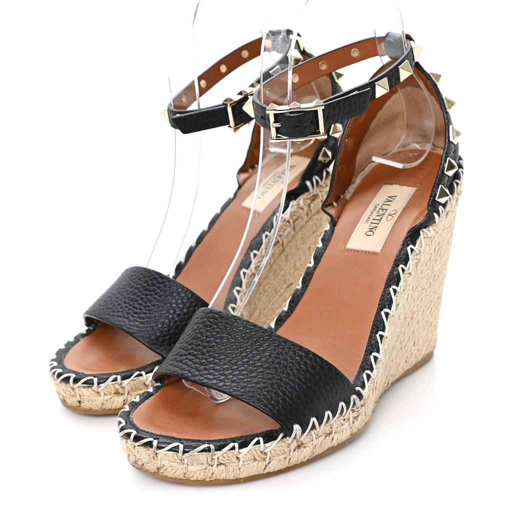 Valentino Garavani Grained Calfskin Women's Rockstud Espadrille Wedges 35 Black