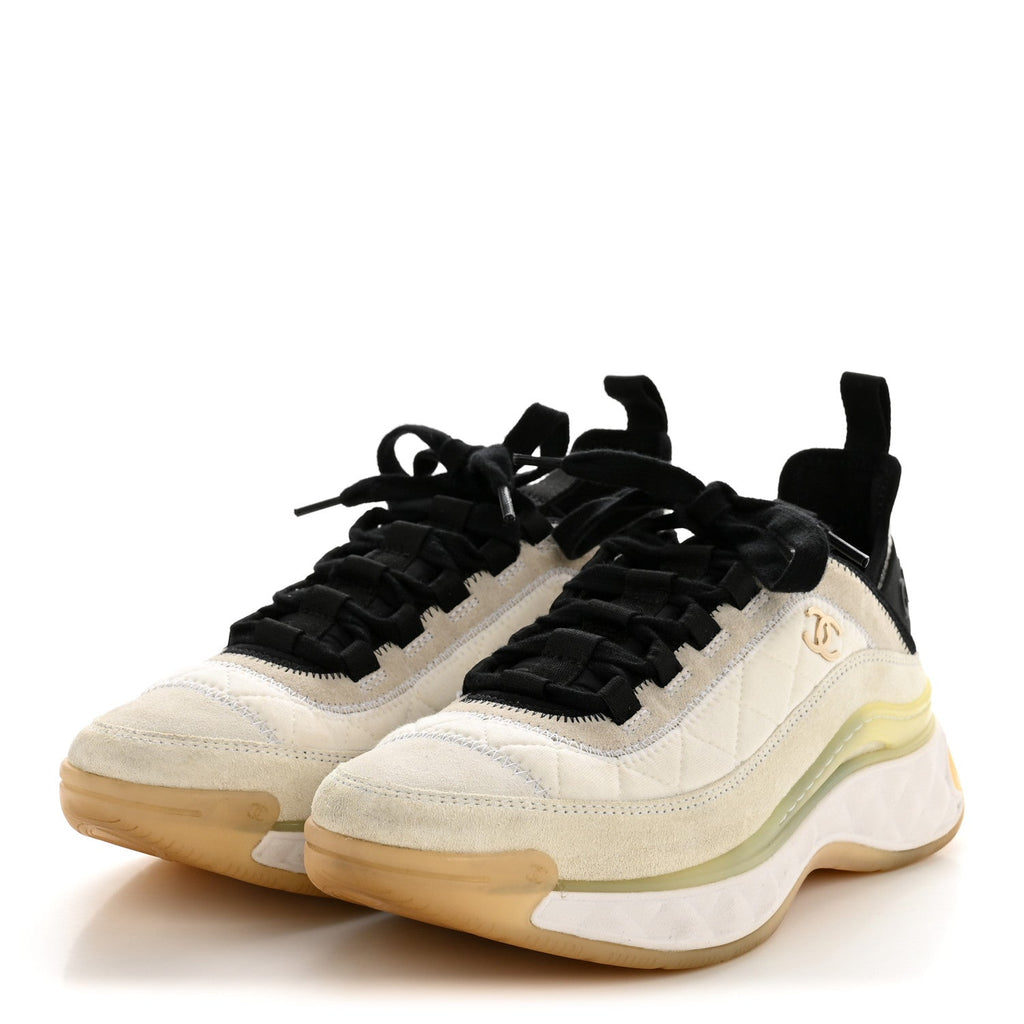 Chanel Fabric Suede Calfskin Women's CC Sneakers 37.5 White Ivory