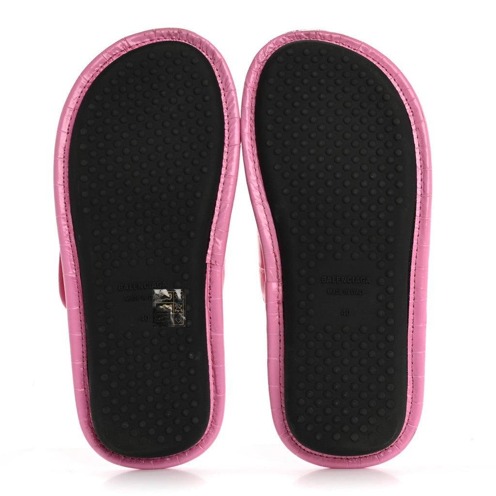Balenciaga Crocodile Embossed Calfskin Logo Women's Slides 40 Fuxia