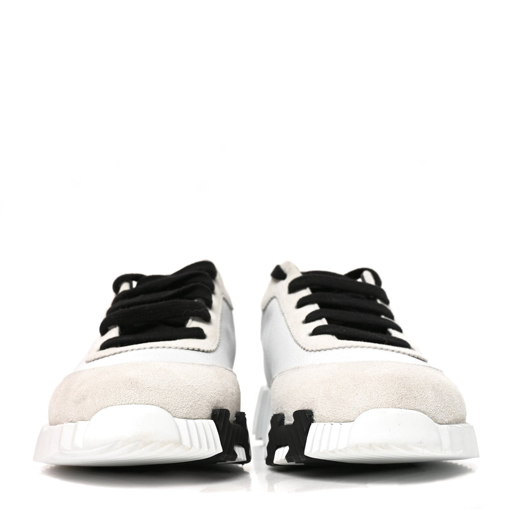 Hermes Calfskin Suede Goatskin Women's Bouncing Sneakers 37.5 White Black