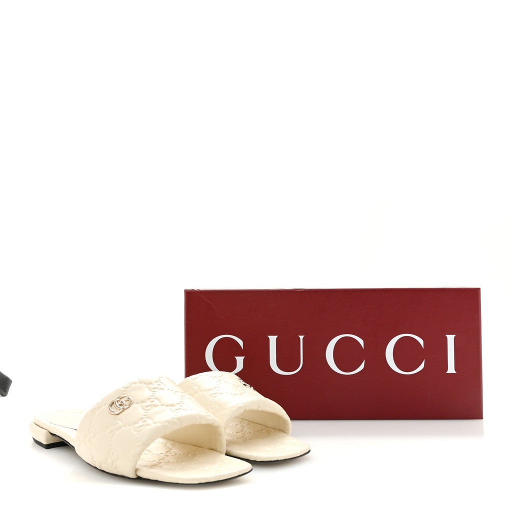 Gucci Nappa Women's Double GG Flat Slide Sandals 38.5 New Ivoire
