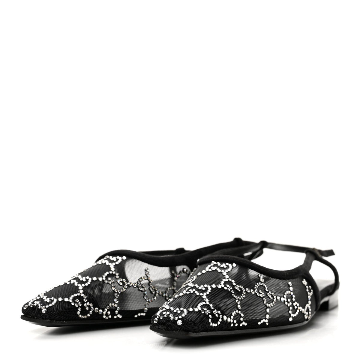Gucci Suede Mesh Women's Crystal GG Demi Ballet Flats 37.5 Black