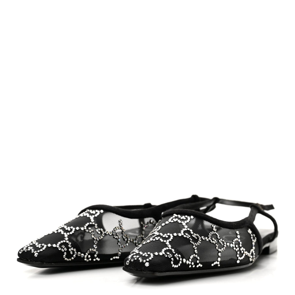 Gucci Suede Mesh Crystal Women's GG Demi Ballet Flats 37.5 Black