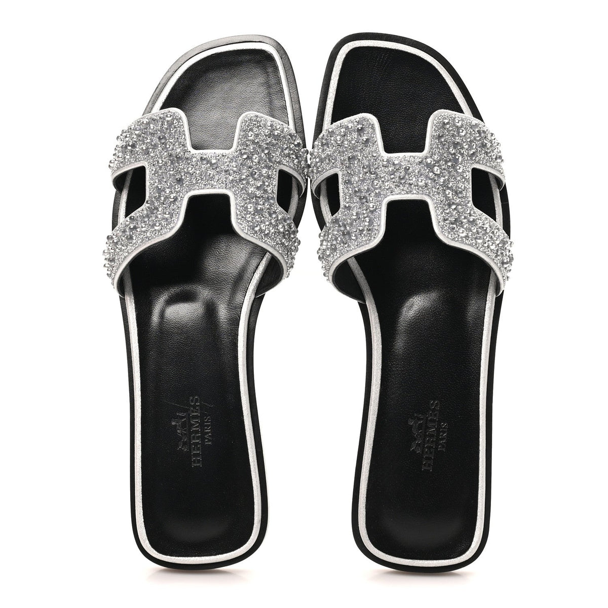 Hermes Velvet Goatskin Crystal Beads Oran Women's Sandals Gris Argente