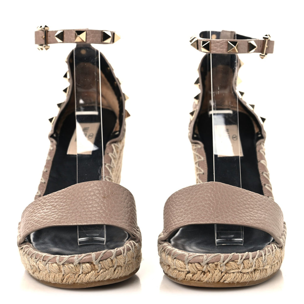 Valentino Garavani Calfskin Women's Rockstud Espadrille Wedge Sandals 35 Poudre Natural