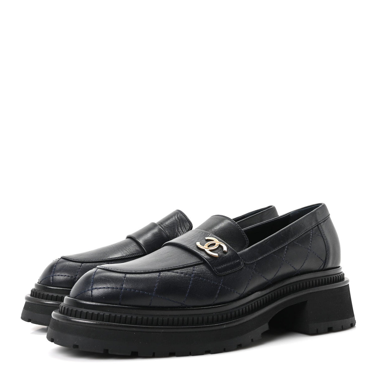 Chanel Calfskin Quilted CC Women's Mocassin Loafers Navy Blue