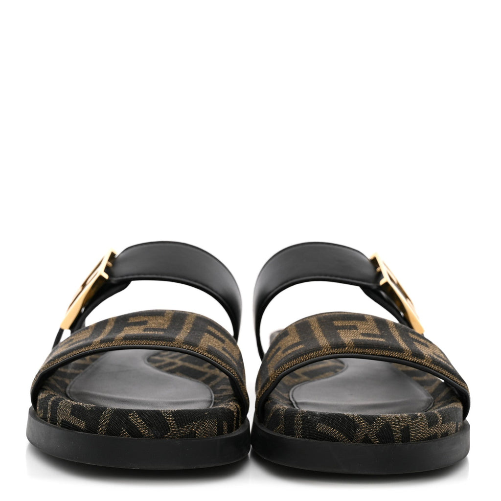 Fendi Fabric Jacquard Nappa FF Women's Feel Buckled Slide Sandals 37 Tobacco Black