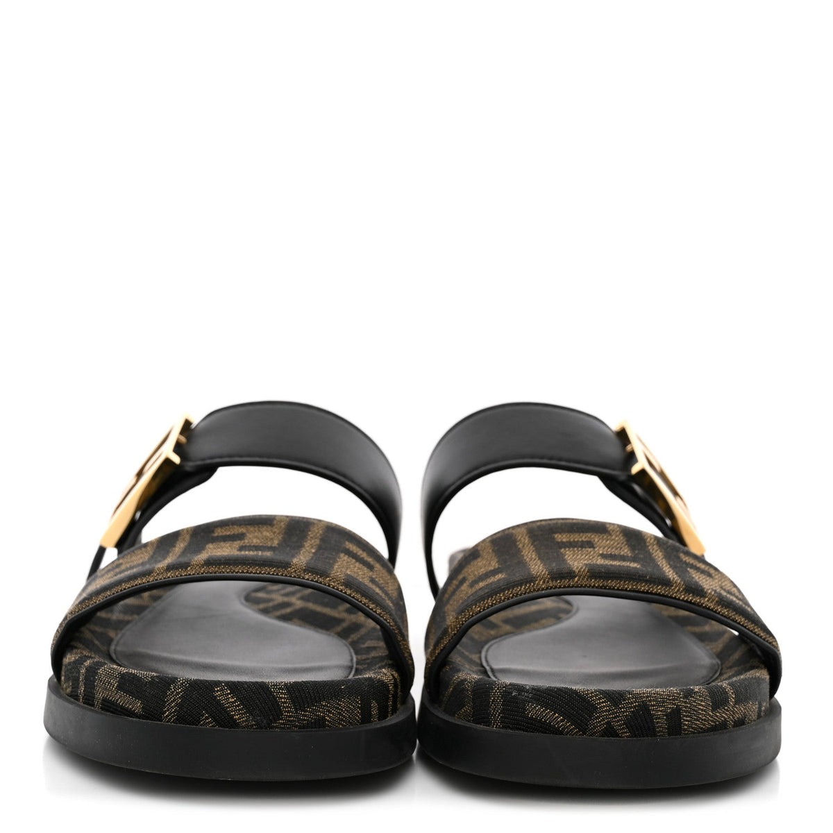 Fendi Fabric Jacquard Nappa FF Women's Feel Buckled Slide Sandals 37 Tobacco Black