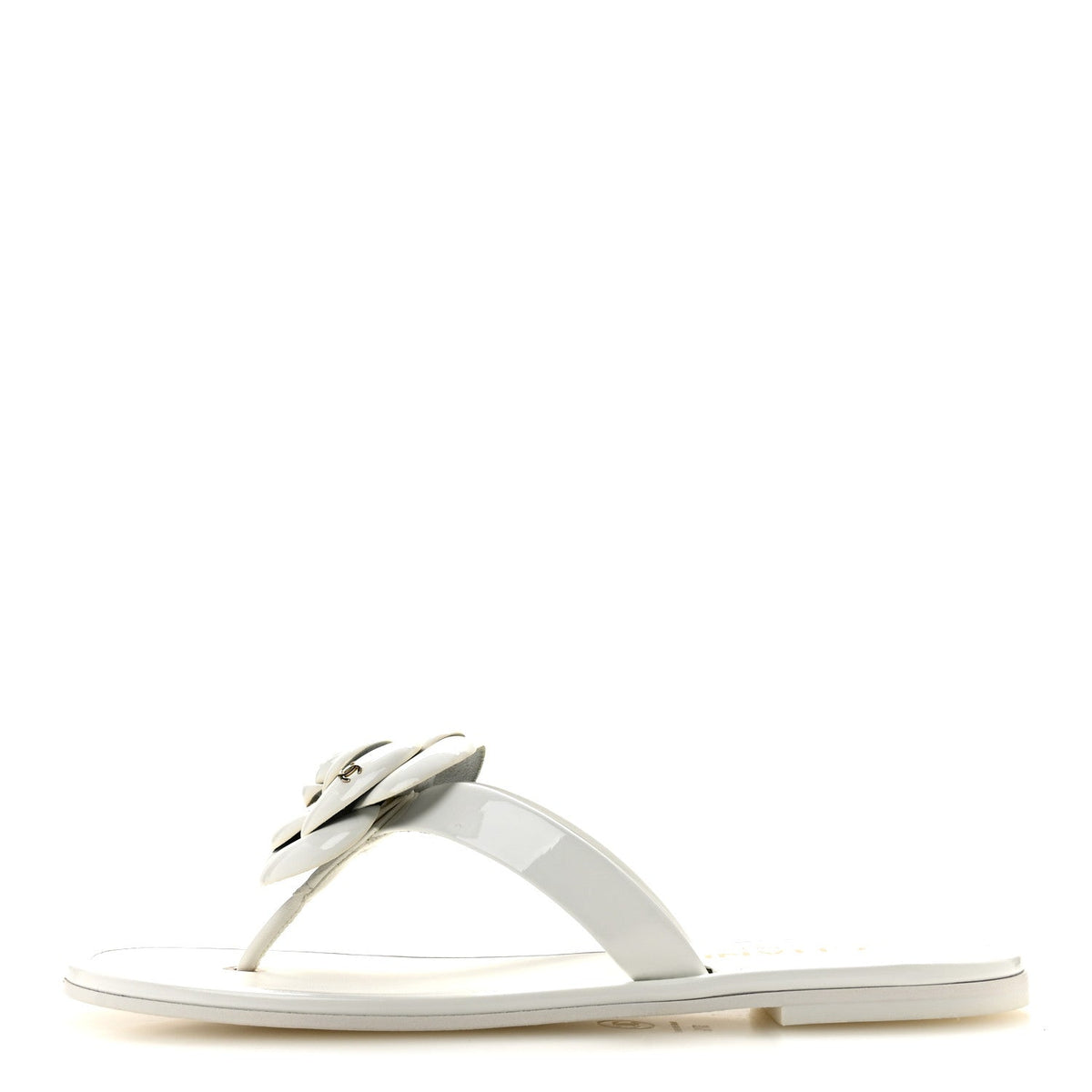 Patent Calfskin Camellia Thong Sandals White