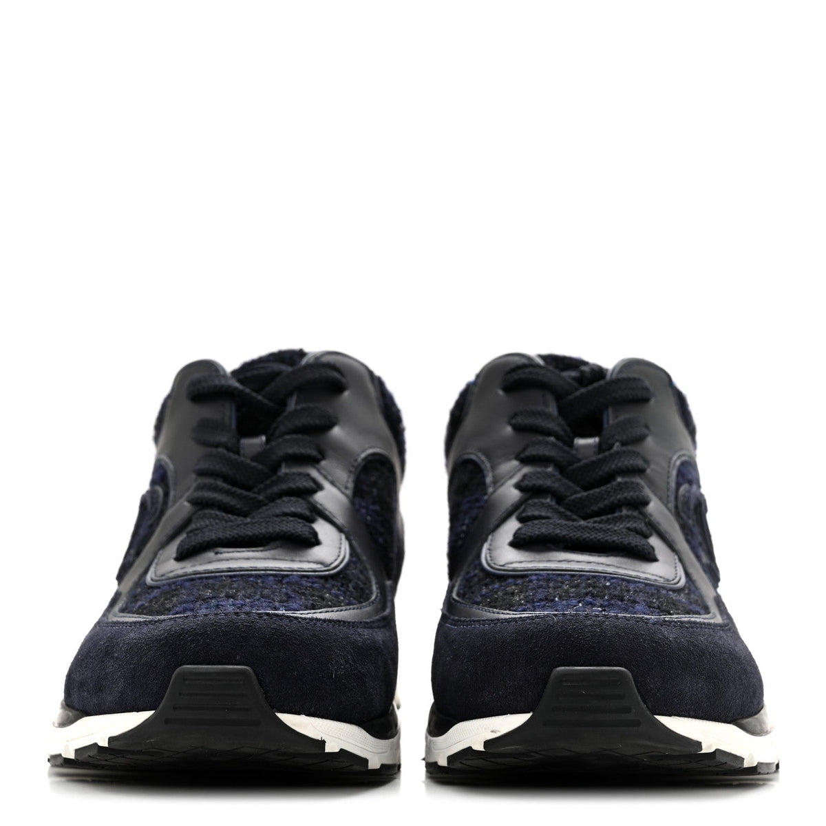 Chanel Tweed Suede Women's CC Sneakers 37.5 Black Blue