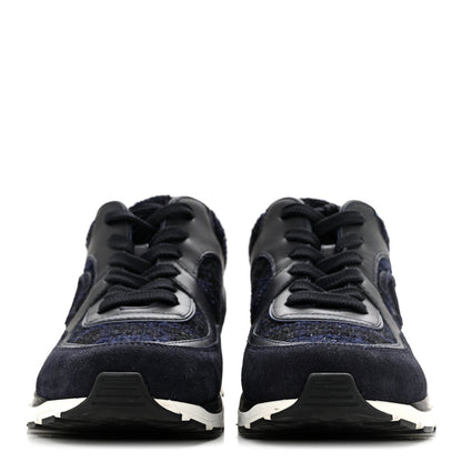 Chanel Tweed Suede Women's CC Sneakers 37.5 Black Blue