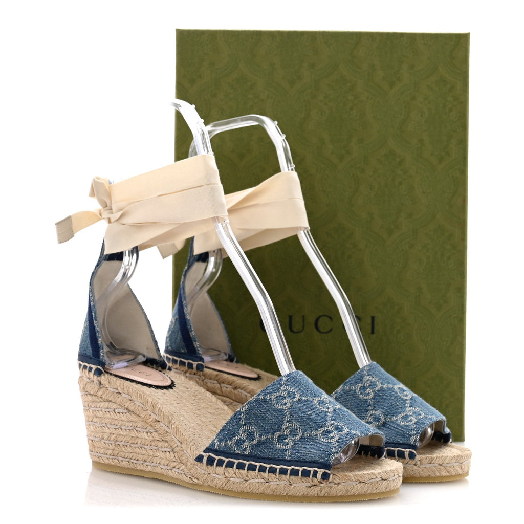 Gucci Denim GG Monogram Women's Pilar Espadrille Wedge Sandals 37 Light Blue