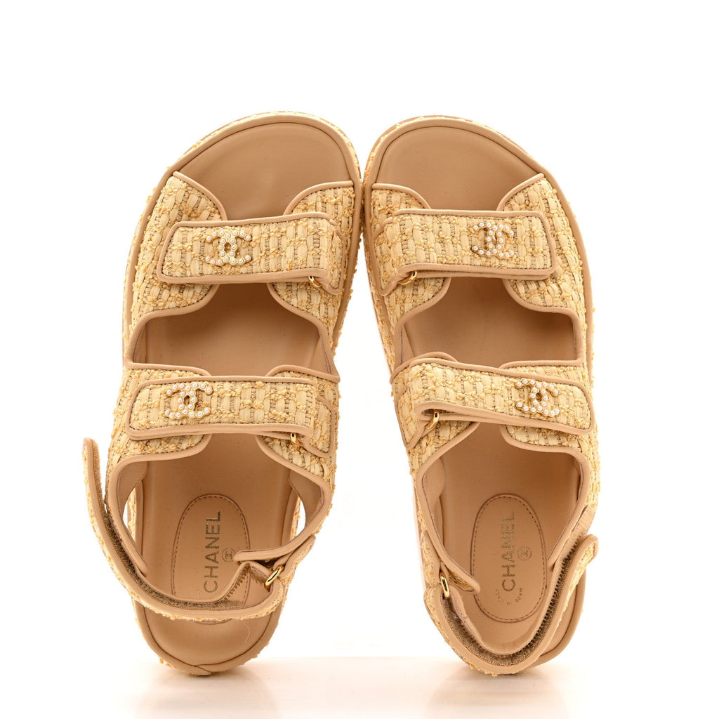 Chanel Braided Fabric Women's Velcro Dad Sandals 38.5 Beige