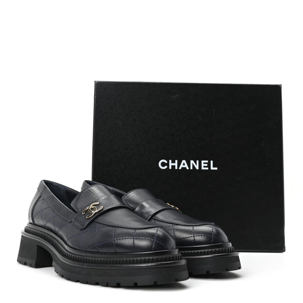 Chanel Calfskin Quilted CC Women's Mocassin Loafers Navy Blue