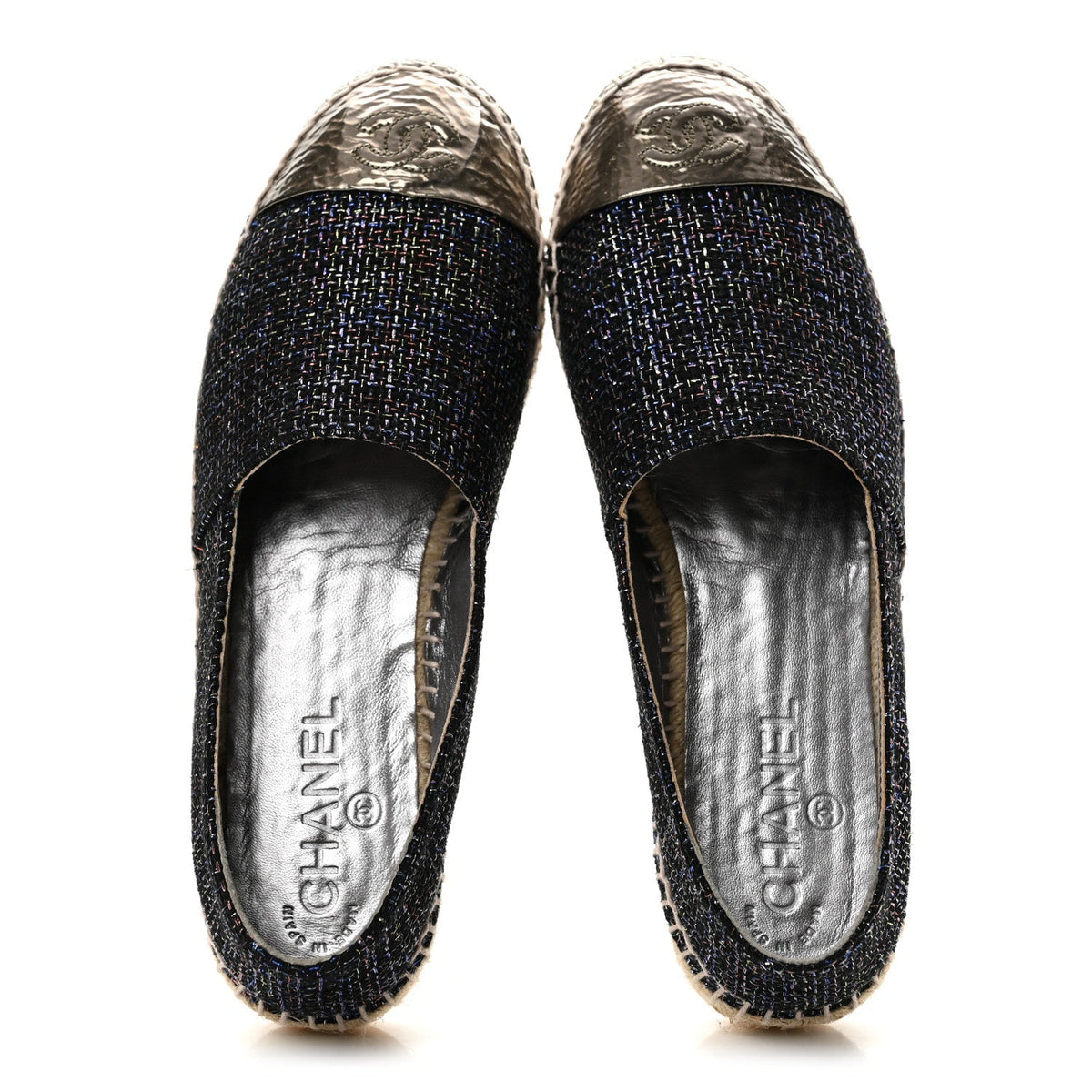 Chanel Tweed Patent Goatskin Women's CC Espadrilles 39 Black Pink Yellow