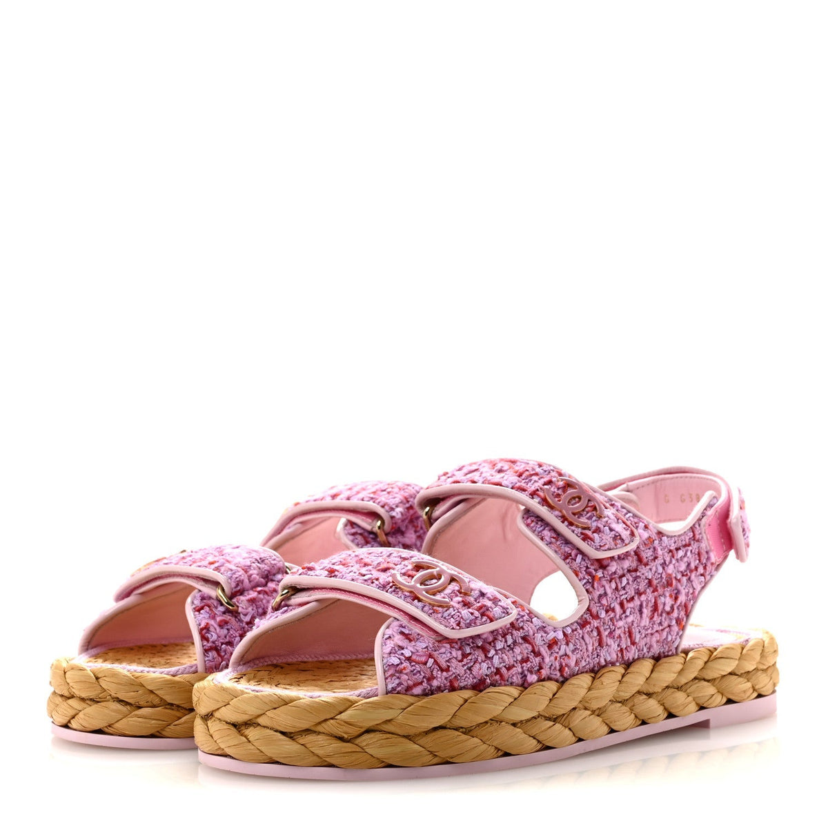 Chanel Tweed Patent Calfskin Women's Velcro Dad Sandals 38.5 Light Purple Pink Red