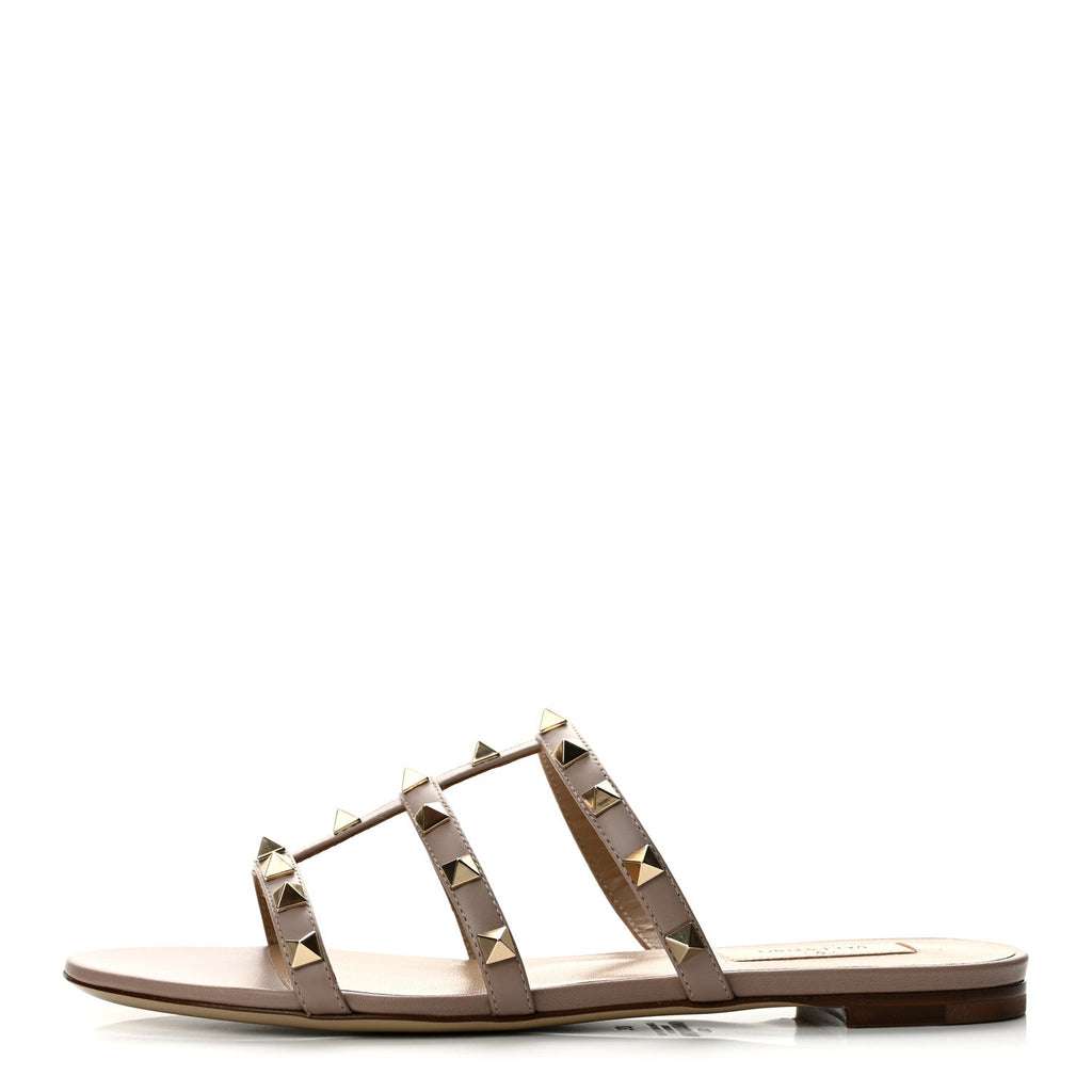 Valentino Garavani Calfskin Women's Rockstud Caged Flat Slide Sandals 37 Poudre