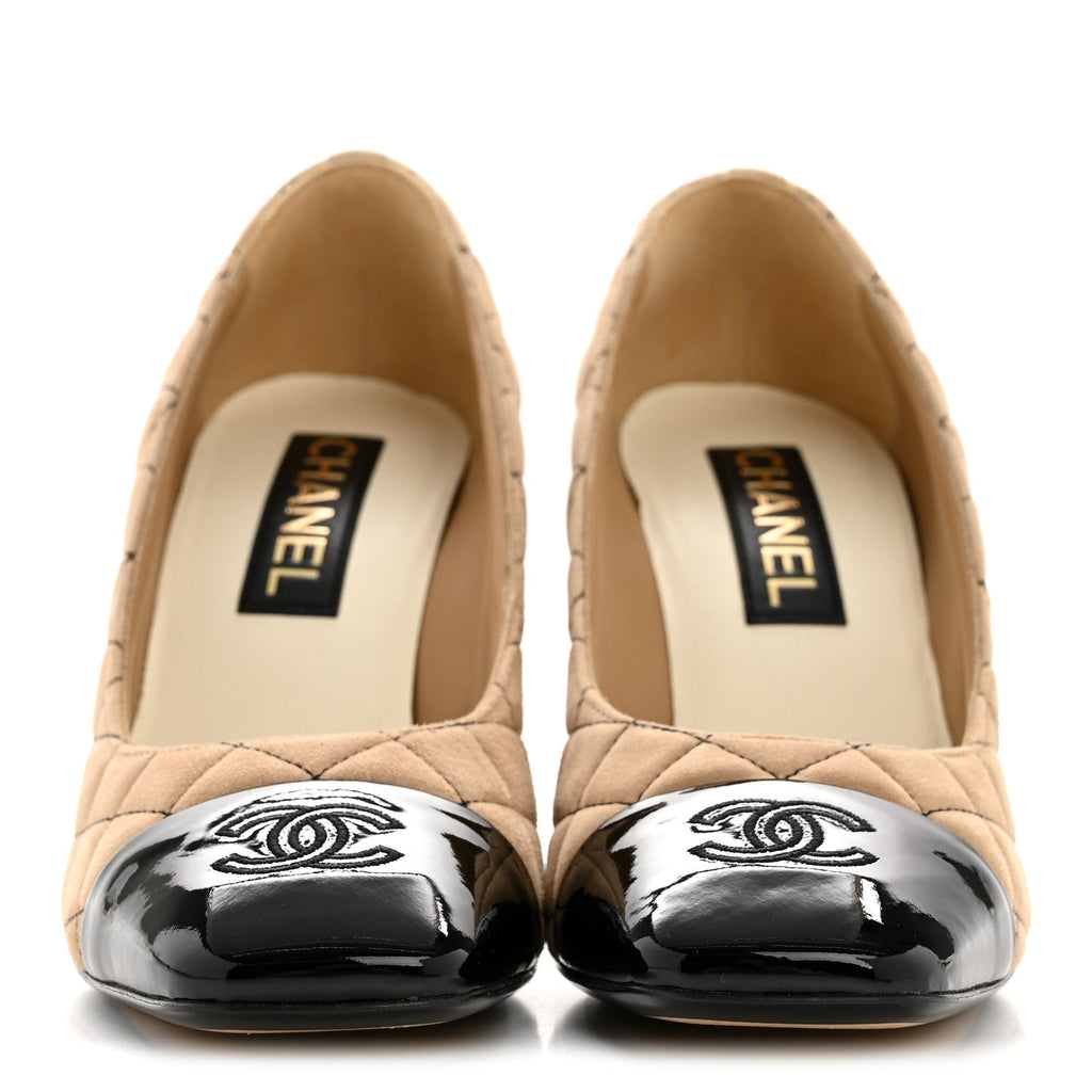 Chanel Suede Patent Women's Quilted CC Cap Toe Pumps 39 Beige Black