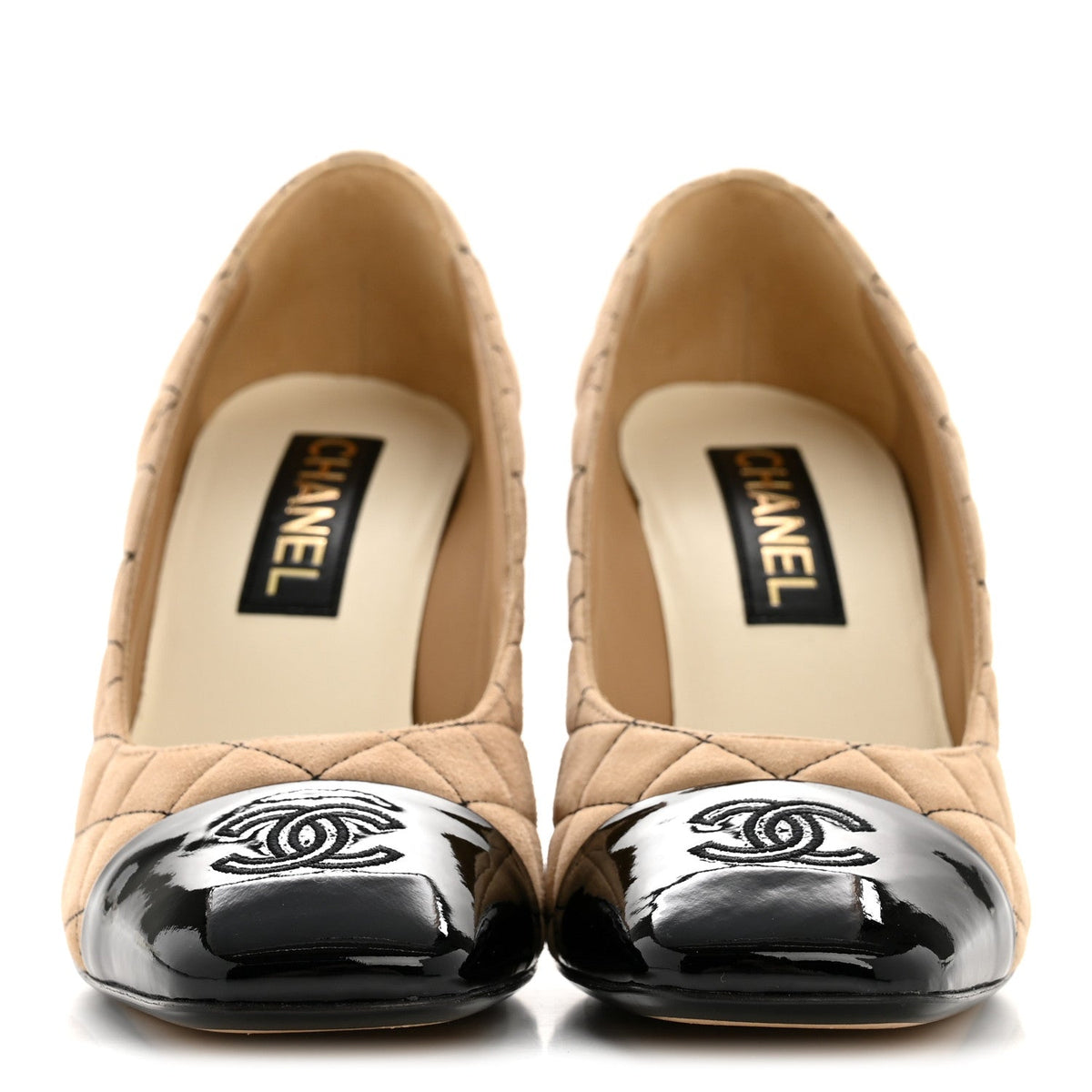 Chanel Suede Patent Women's Quilted CC Cap Toe Pumps 39 Beige Black