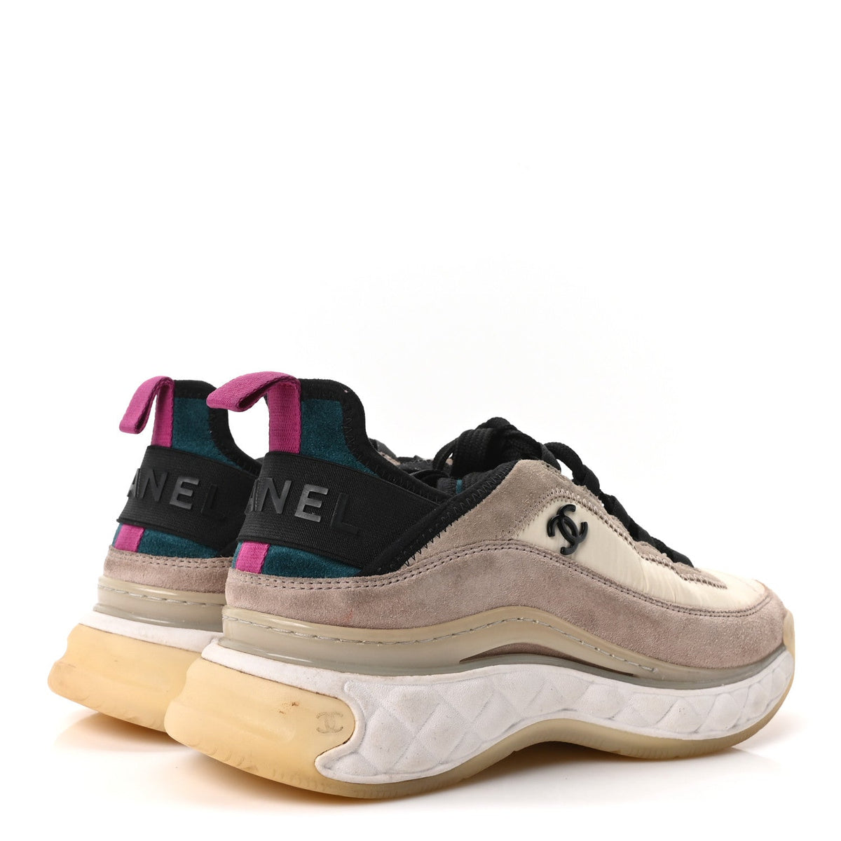 Chanel Suede Calfskin Nylon Grosgrain Women's CC Sneakers 37 Beige Pink
