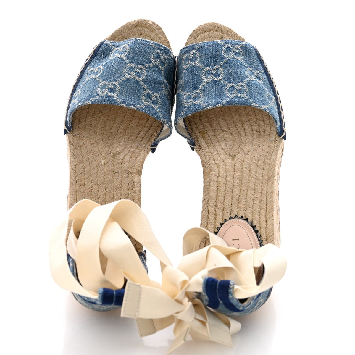 Gucci Denim GG Monogram Women's Pilar Espadrille Wedge Sandals 37 Light Blue