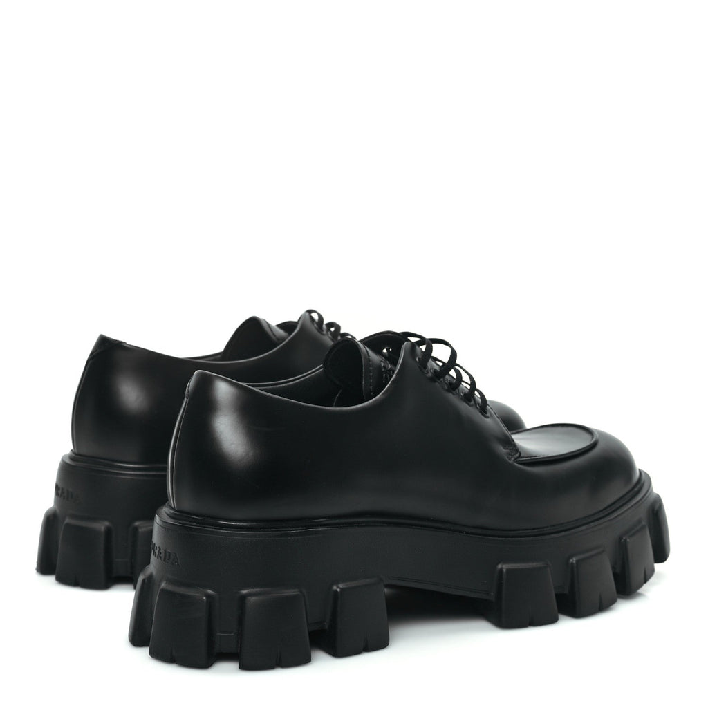 Prada Spazzolato Rois Monolith 55mm Men's Derby Loafers 8 Black
