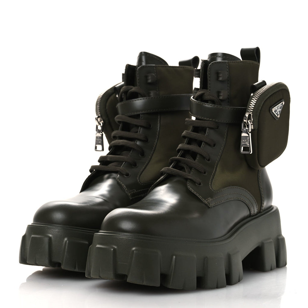 Prada Spazzolato Rois Re-Nylon Women's Monolith Boots 40 Militare