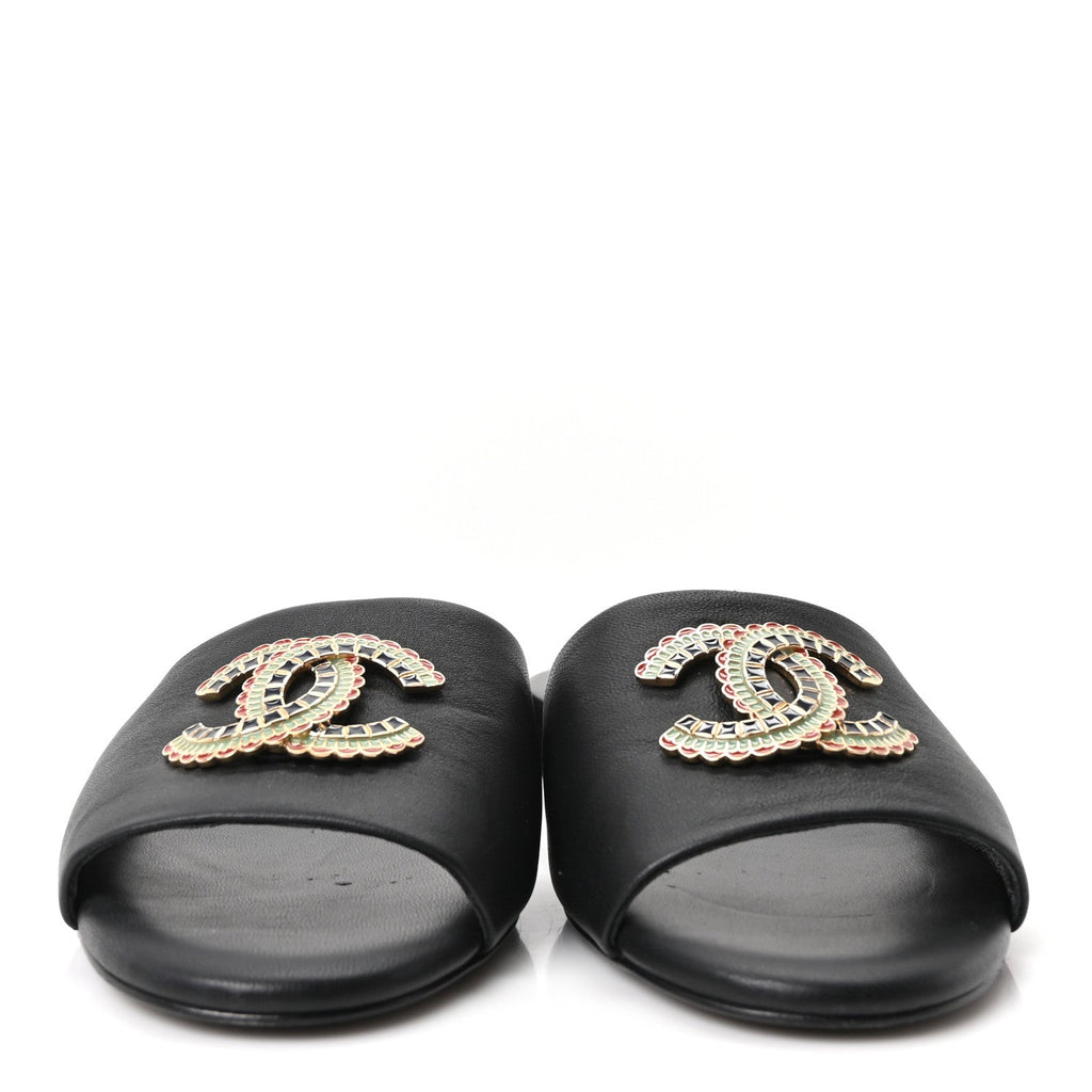 Chanel Lambskin Enamel CC Women's Mules 39.5 Black