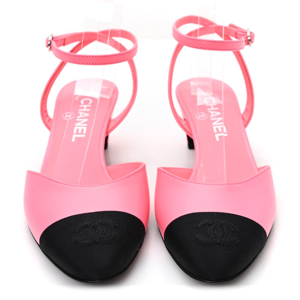 Chanel Lambskin Grosgrain Women's Cap Toe CC Slingback Pumps 37 Coral Black