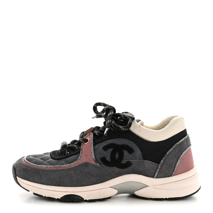 Chanel Fabric Calfskin Suede Women's CC Sneakers 36.5 Grey Pink