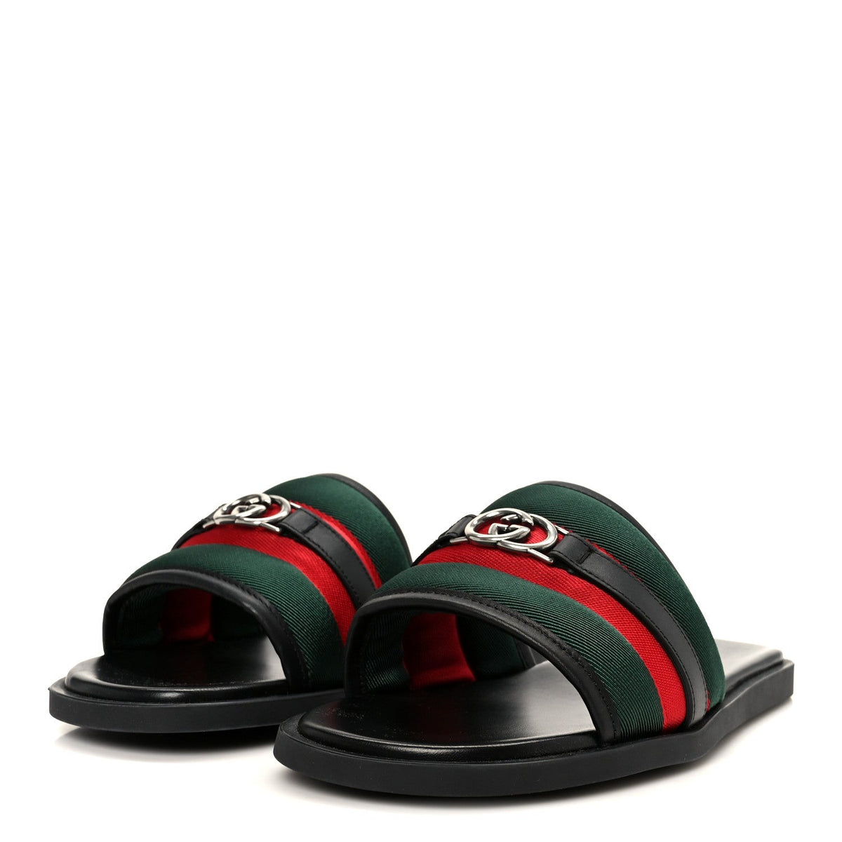 Gucci Nylon Calfskin Men's Web Interlocking G Maverik Slide Sandals 41 Black