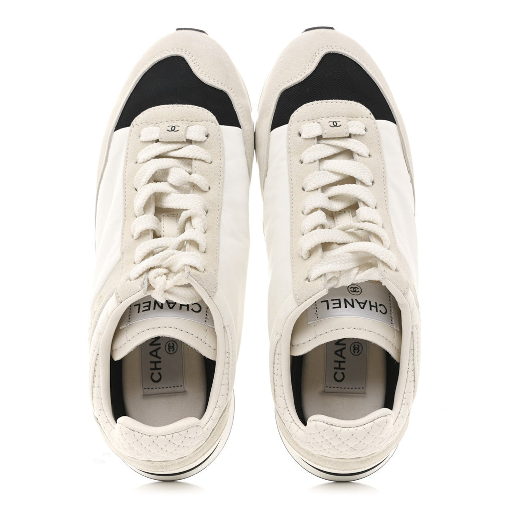 Chanel Nylon Suede Kidskin Calfskin Women's Logo Sneakers 37.5 White Black