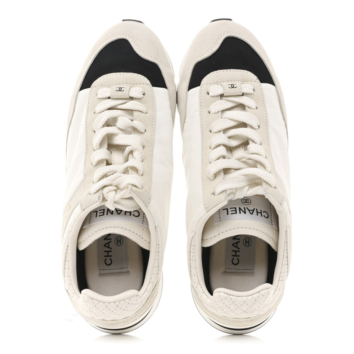 Chanel Nylon Suede Kidskin Calfskin Women's Logo Sneakers 37.5 White Black