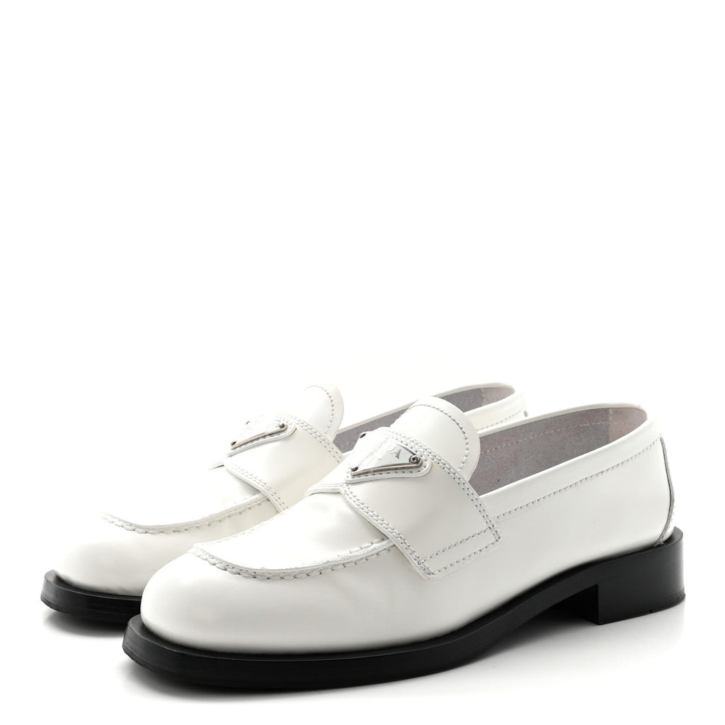 Prada Spazzolato Metal Triangle Logo 20mm Women's Loafers White