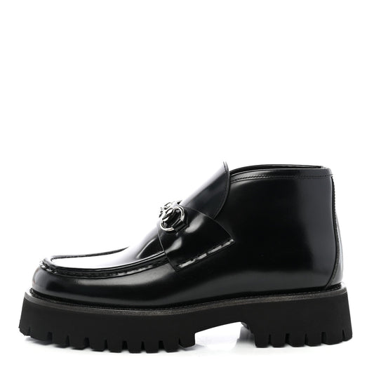 Gucci Cordovan Lux Calfskin Women's Horsebit Platform Ankle Boots 38.5 Black