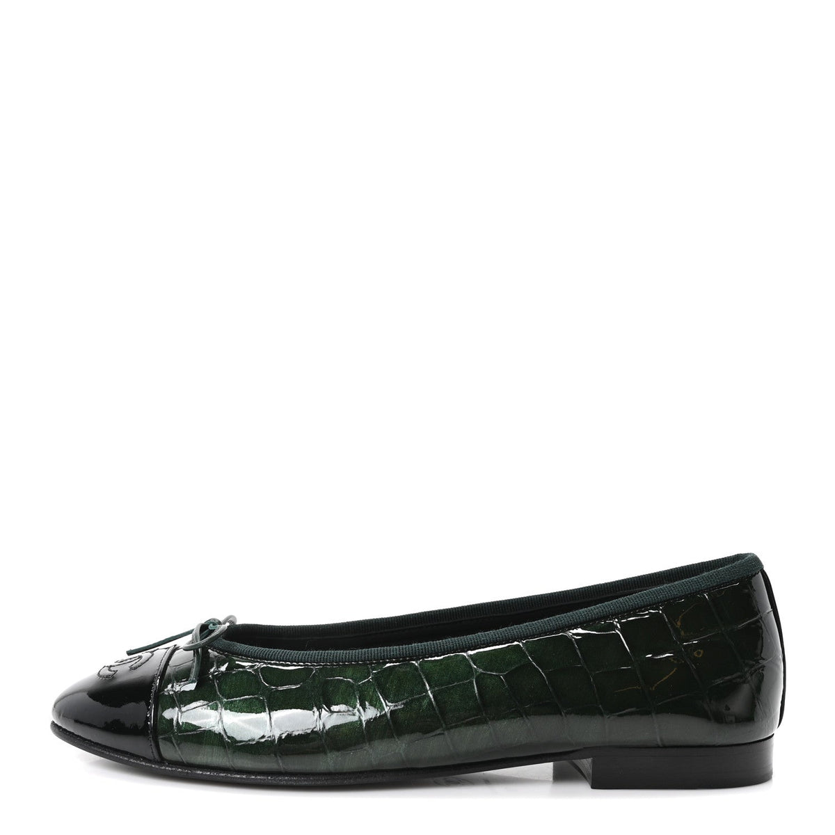 Chanel Crocodile Embossed Patent Calfskin CC Women's Ballerina Flats Dark Green Black