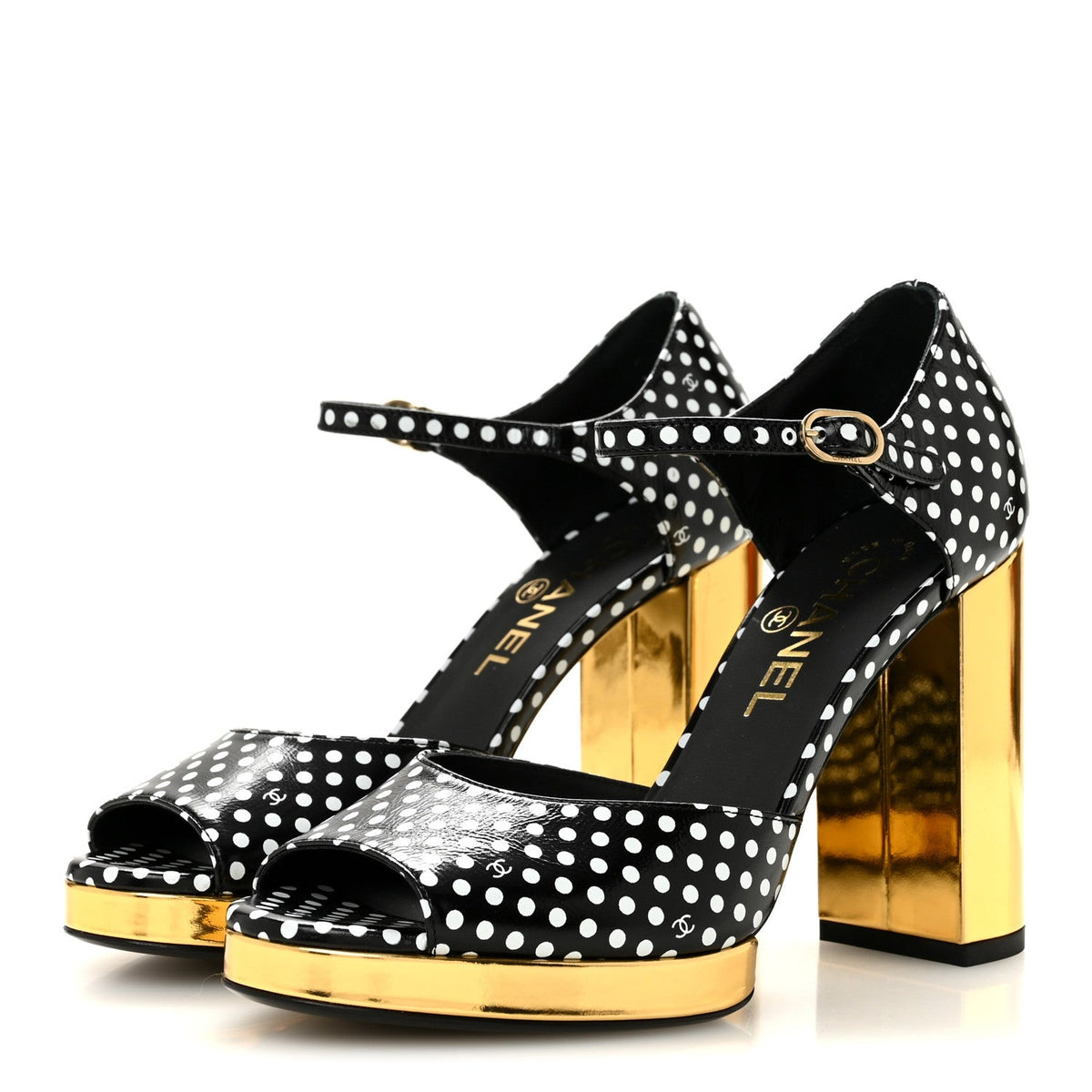 Chanel Printed Calfskin Women's Polka Dot CC Platform Sandals 37 Black White