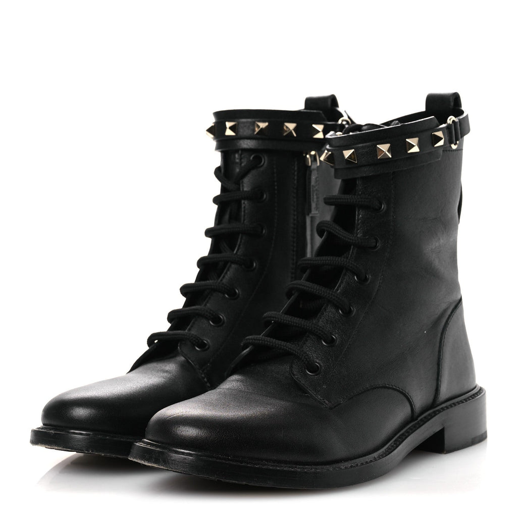 Valentino Garavani Calfskin Women's Rockstud Combat Ankle Boots 37 Black