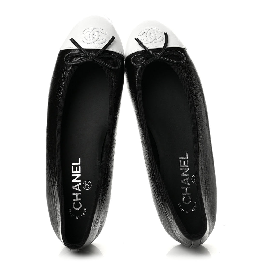 Chanel Crumpled Lambskin CC Cap Toe Women's Ballerina Flats Black White