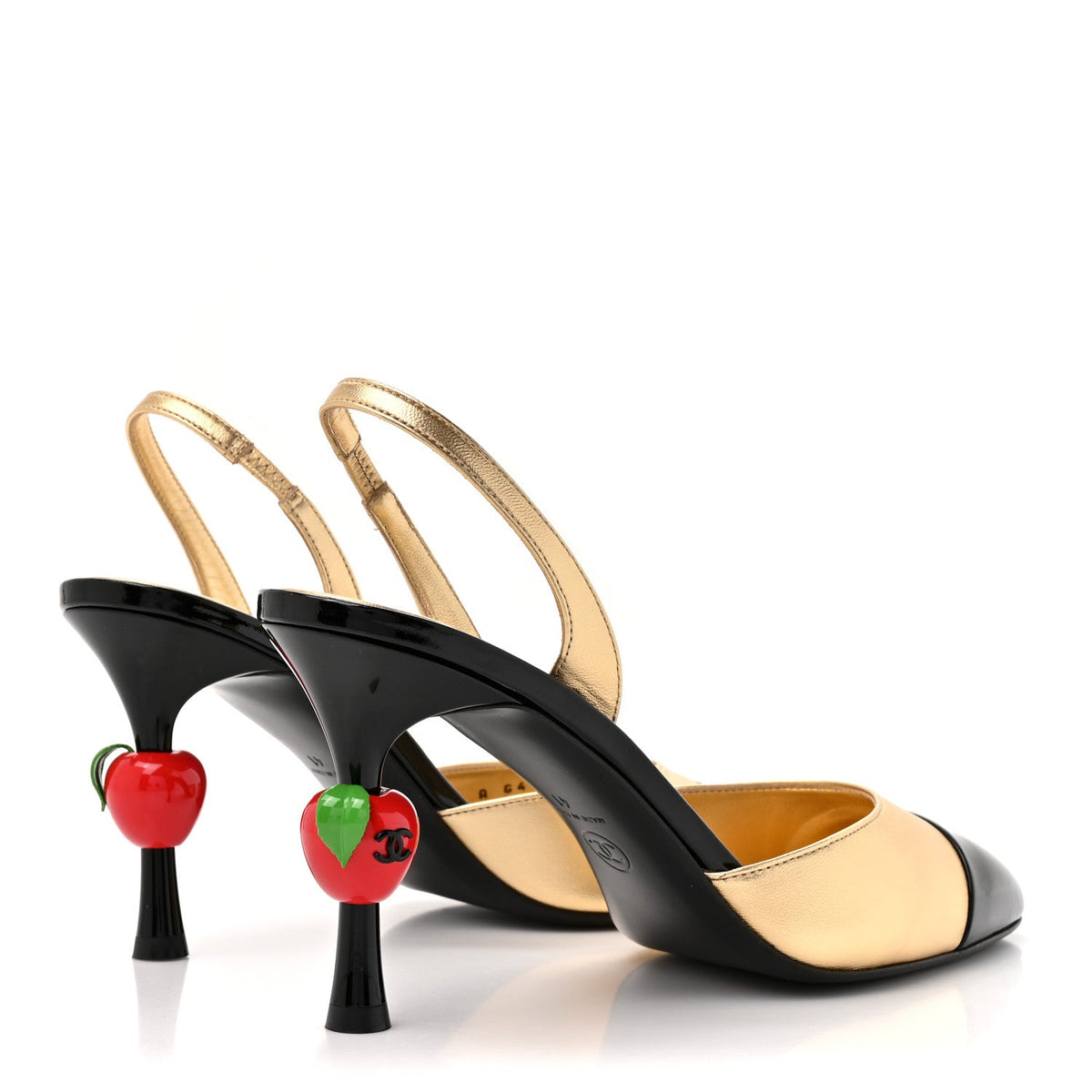 Chanel Lambskin Patent CC Apple Women's Slingback Pumps 41 Gold Black